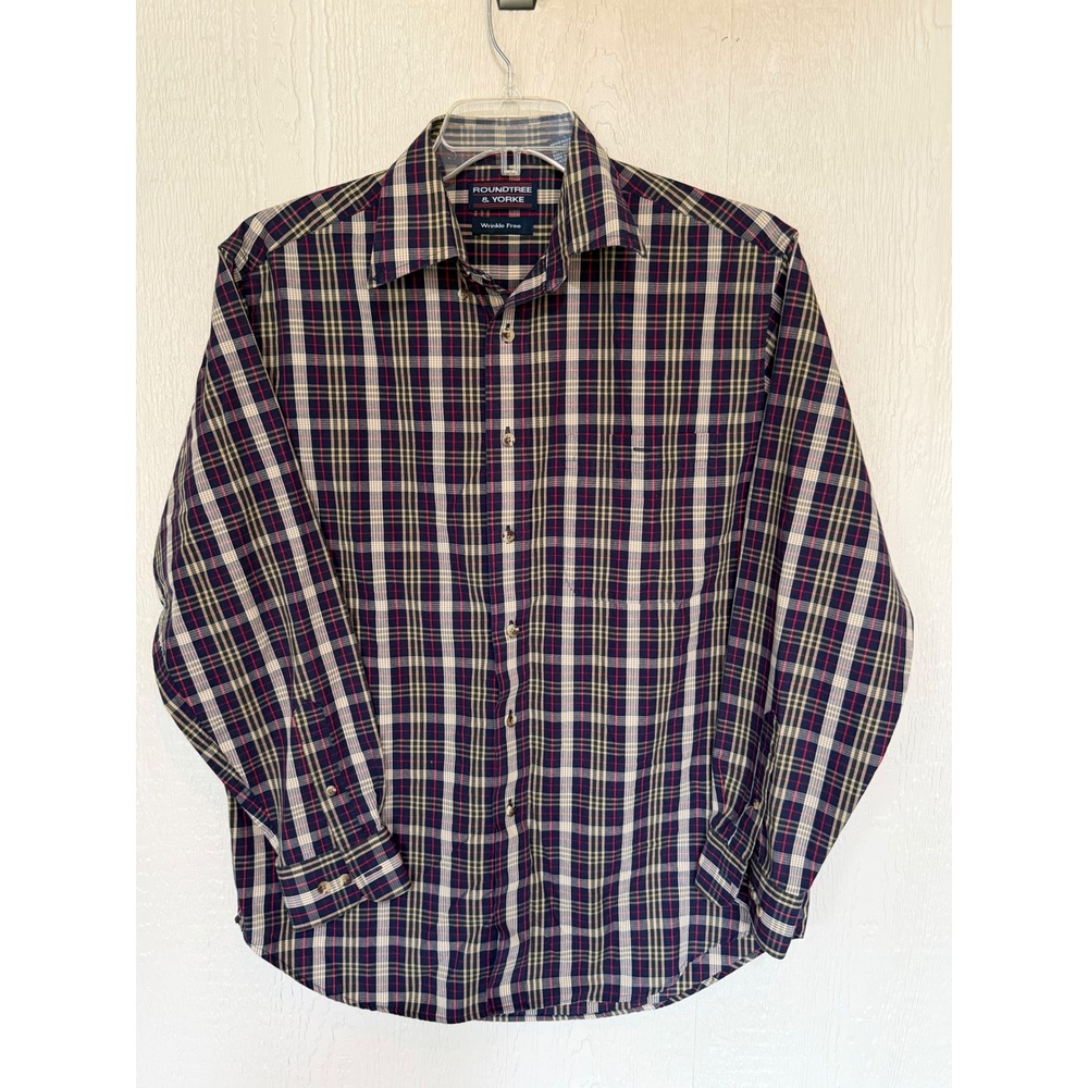 Roundtree & Yorke Mens Medium Plaid Button Down Shirt Wrinkle Free Navy Blue Red